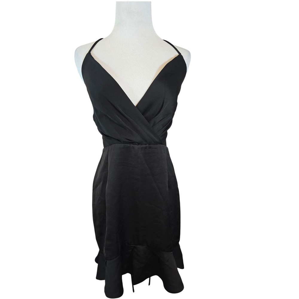 NBD Revolve Black Satin Lace Up Back Ruffle Hem Mini‎ Dress Surplice Size L NEW